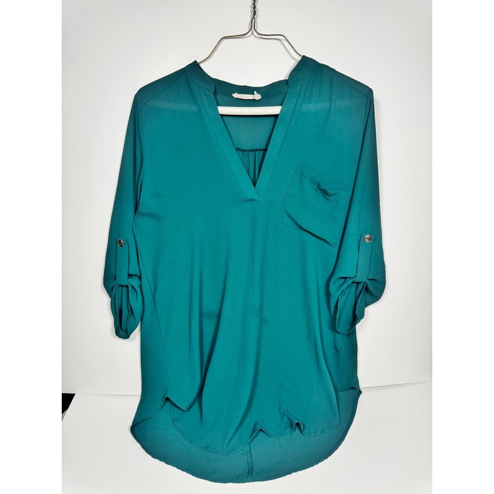 Lush Tunic Blouse Top Womens Evergreen V Neck Roll Tab Sleeve Pleated Hi Low Hem